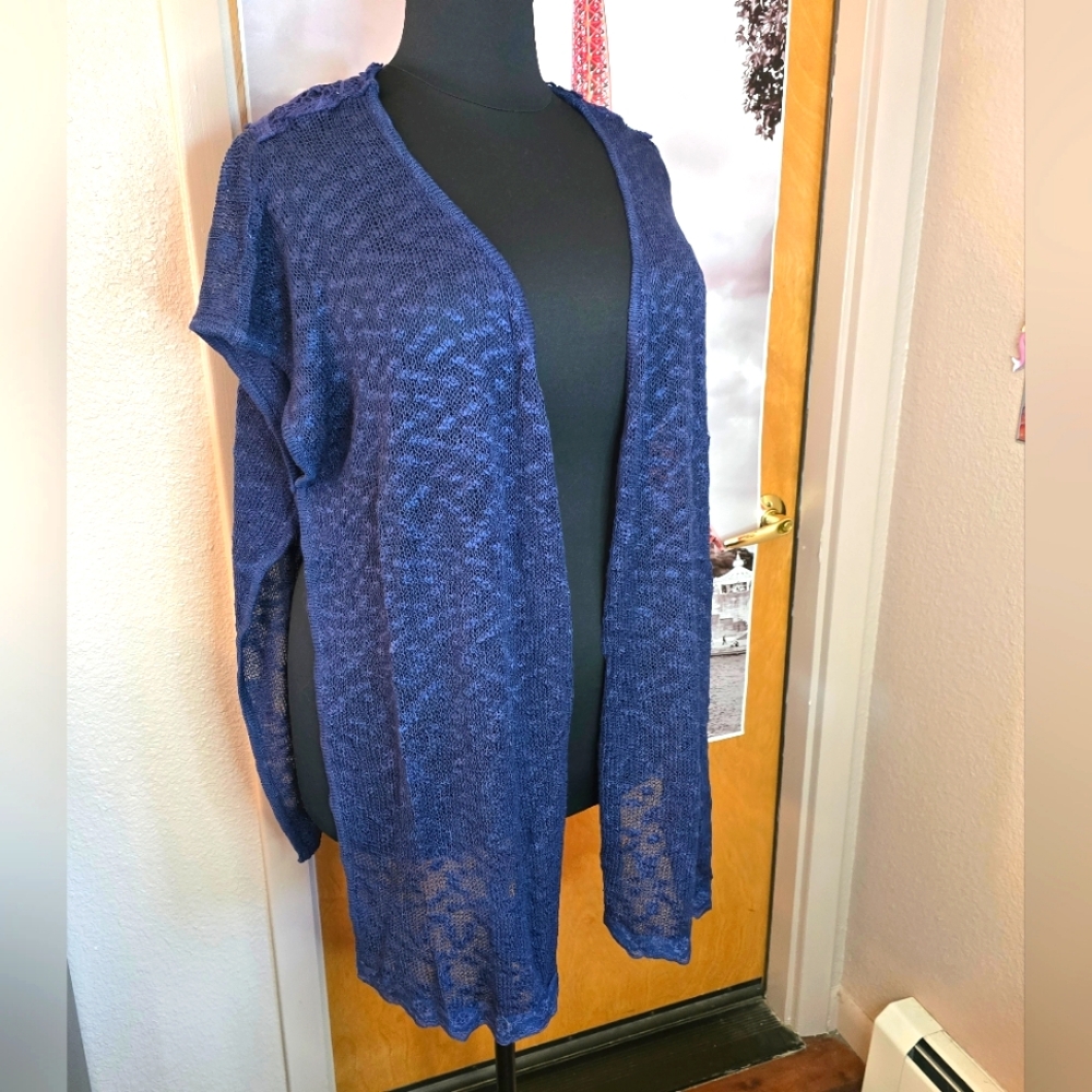 Large NWOT POL Navy Open Cardigan Short Slv Long Side Slits 33ptp 35Long Crochet